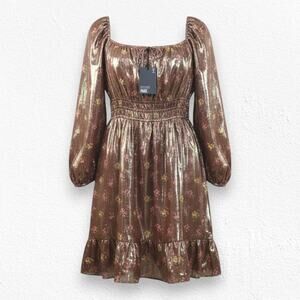 PAIGE Noah Bronze Metallic Silk Floral Smocked Waist Mini Dress Small NWT $350